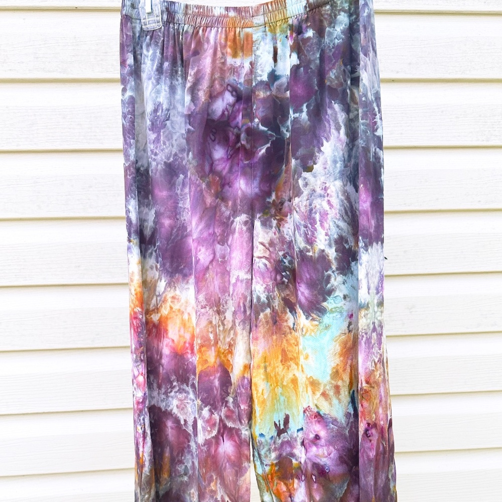 Ice Dye Wide leg Flowy Pants Galaxy Purple Lightweight Tie Dye Cropped Bamboo